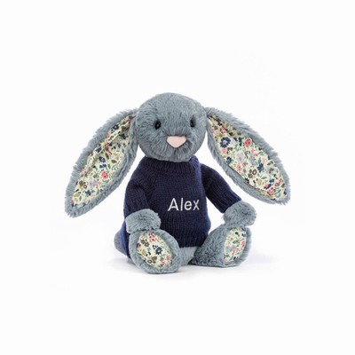 Jellycat Blossom Dusky Blue Bunny with Navy Jumper Australia | 281645PUZ